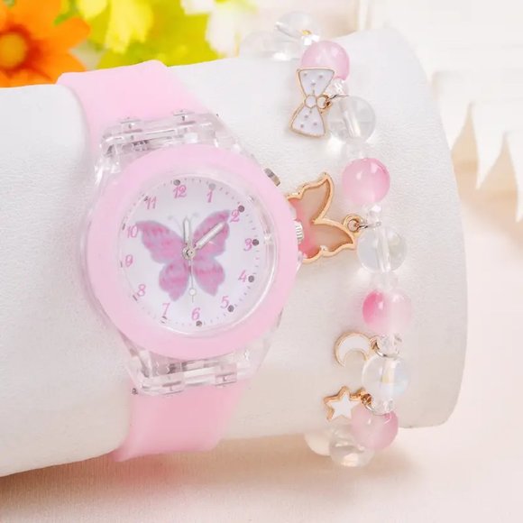 Creative Trendy Cute Cartoon Butterfly LED Quartz Watch & Beaded Bracelet - Picture 1 of 5